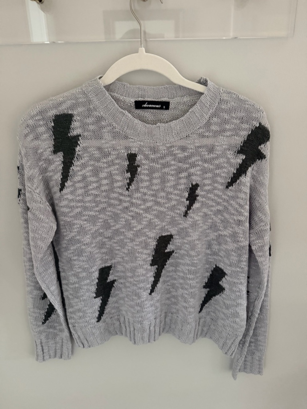 Olivaceous Gray Crewneck Sweater with Black Lightning Bolts